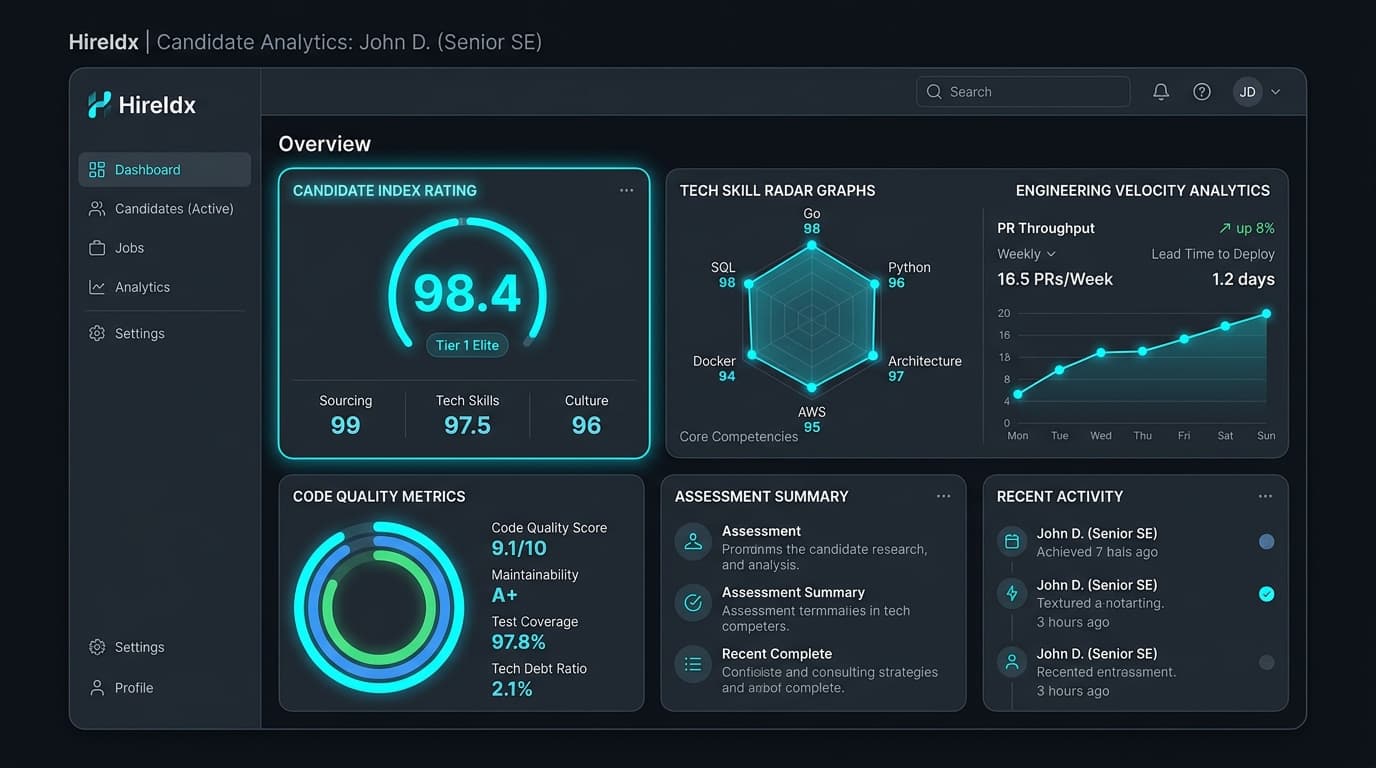 Hireidx Candidate Analytics Dashboard with Radar Chart and Velocity Metrics
